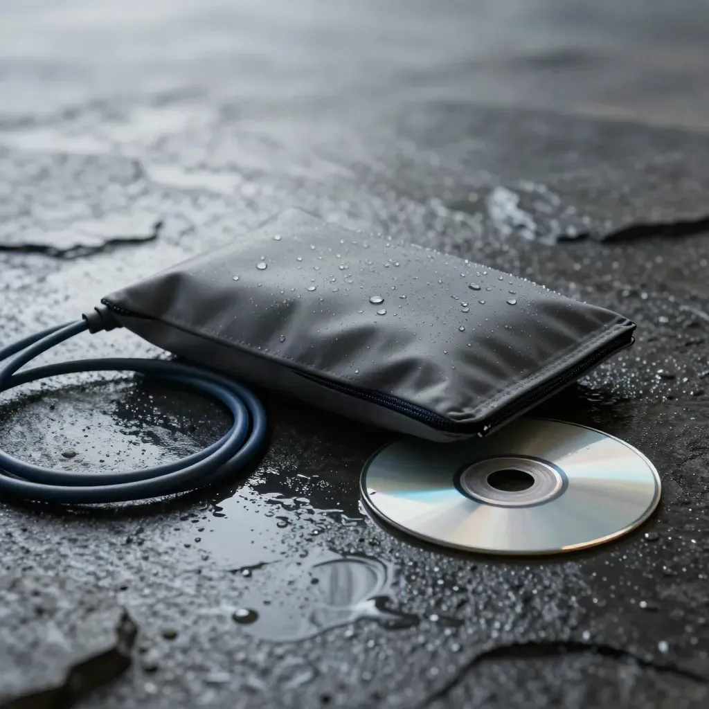 Matte retry pack, cable loop and second disc on wet basalt in cool haze and soft side light.