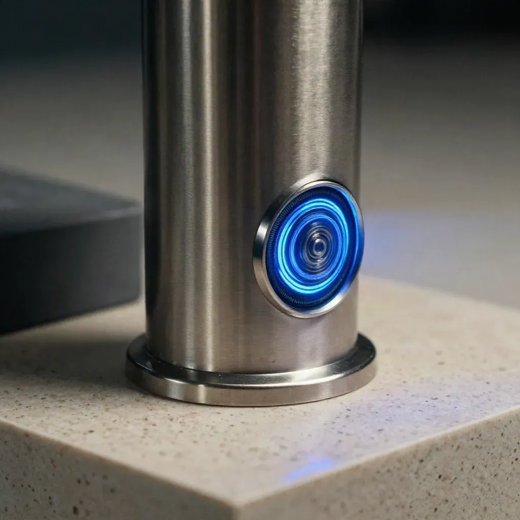 Brushed-metal alert tower pulsing electric blue on travertine, low side macro.