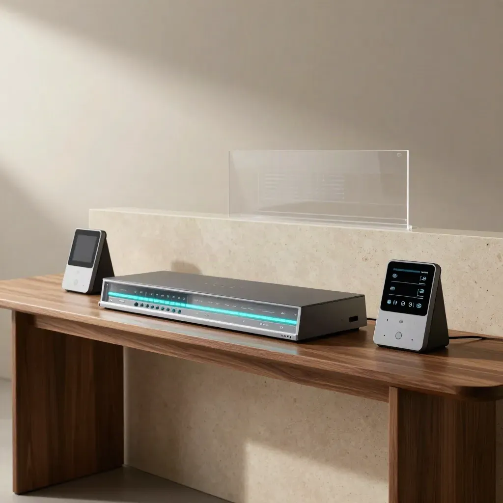 Dashboard console with two companion devices on a brushed shelf in soft teal-lit atmosphere.