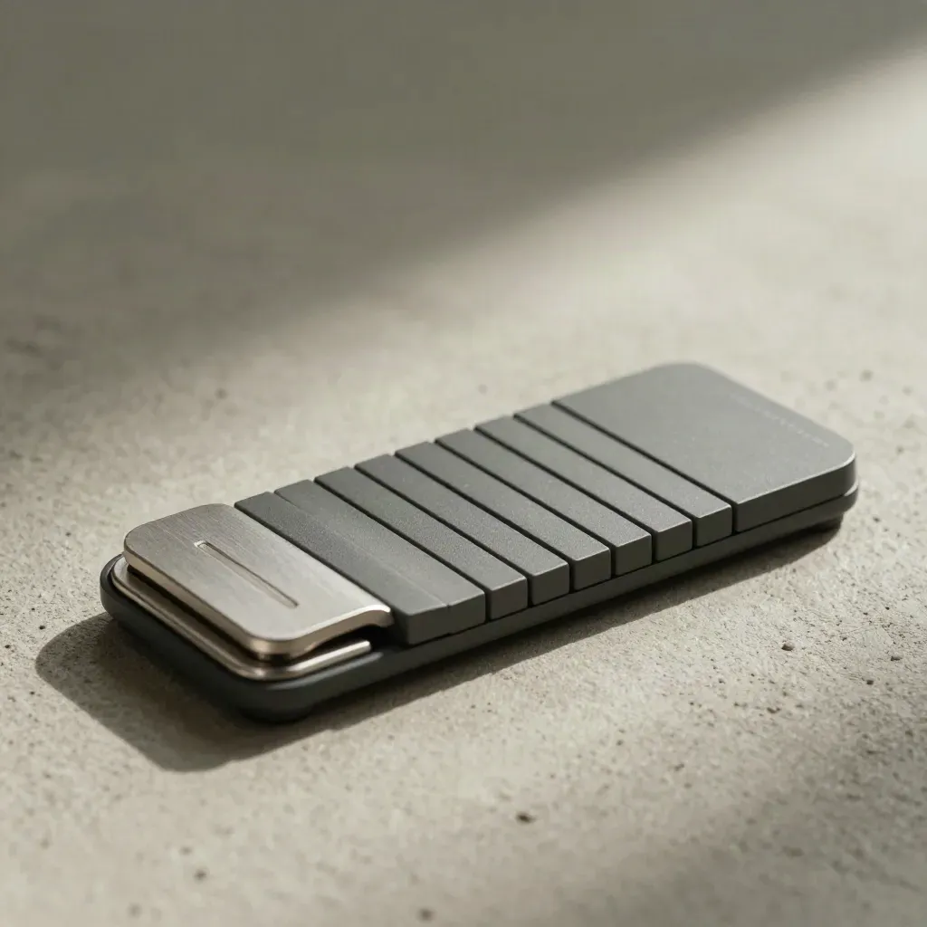 Macro of an SMS recovery tile, chip array, and vibrating base on pale concrete.