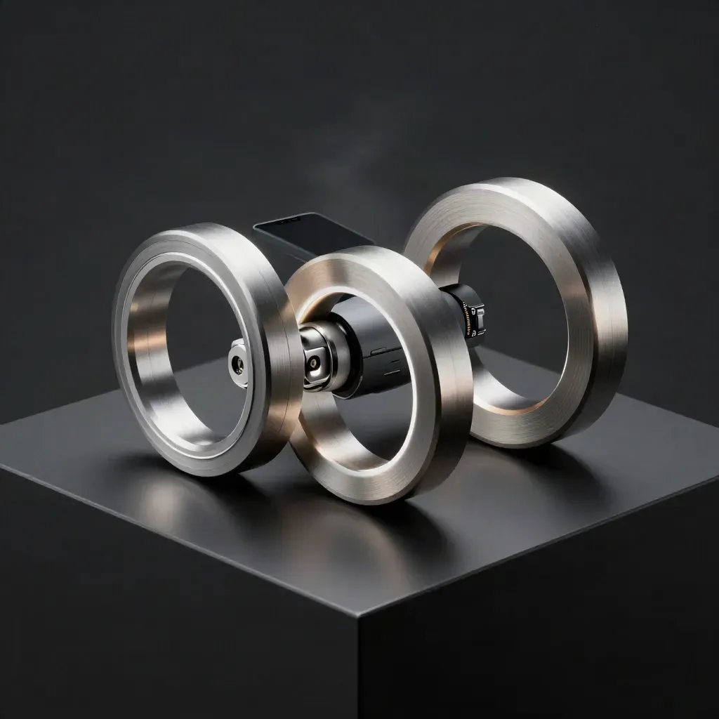 Three interlocking rings around a blank phone module on a matte-black plinth in moody studio light