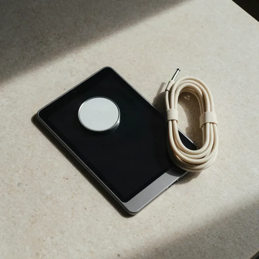 Overhead flatlay of a tablet slab, alert disk, and cable loop on pale travertine.