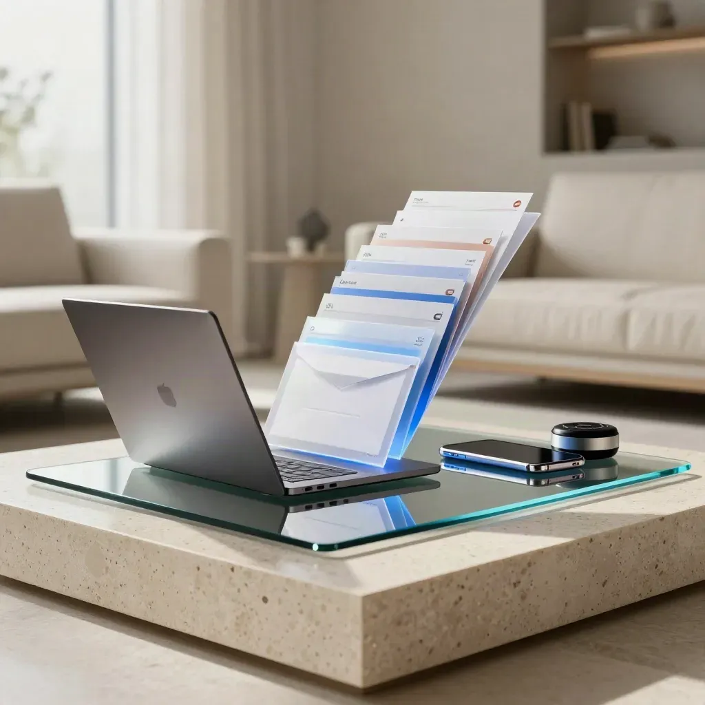 Low-angle cart recovery tableau with dashboard slab, phone, laptop, alert puck and email cards.