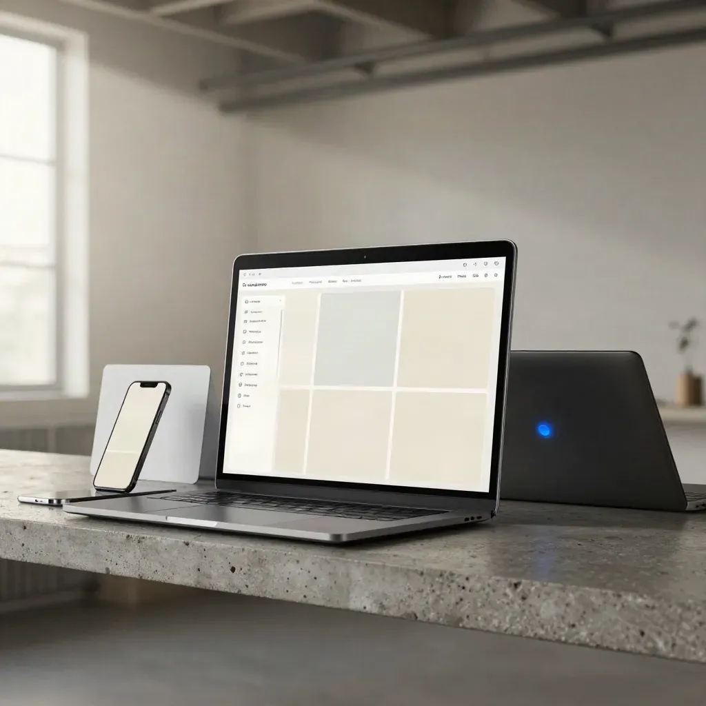 Dashboard console with phone and laptop on a concrete shelf in a bright loft, calm recovery glow.