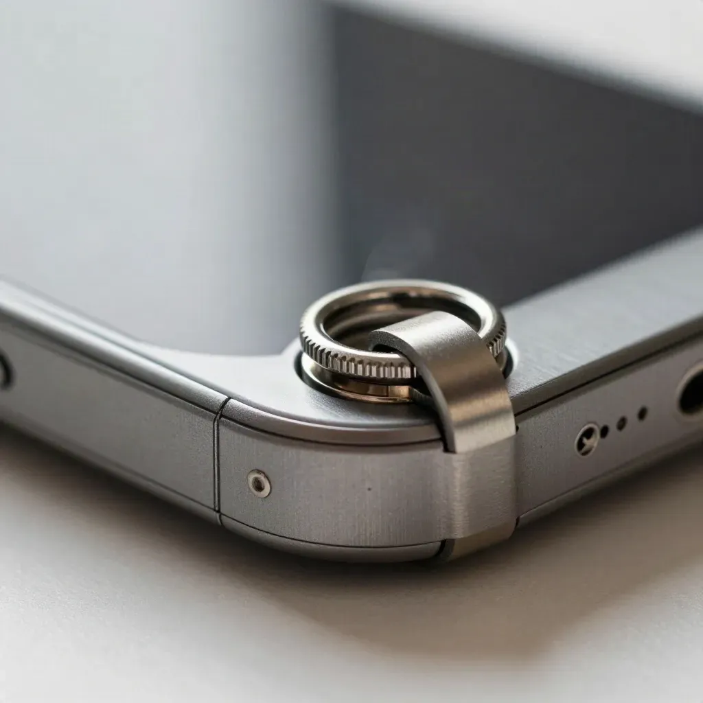 Macro of brushed metal rings locking around a matte phone with a cold gleam.