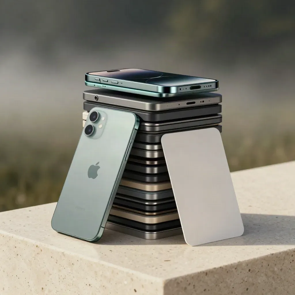 Graphite app stack with phone and tablet on travertine, softly lit with teal glow.