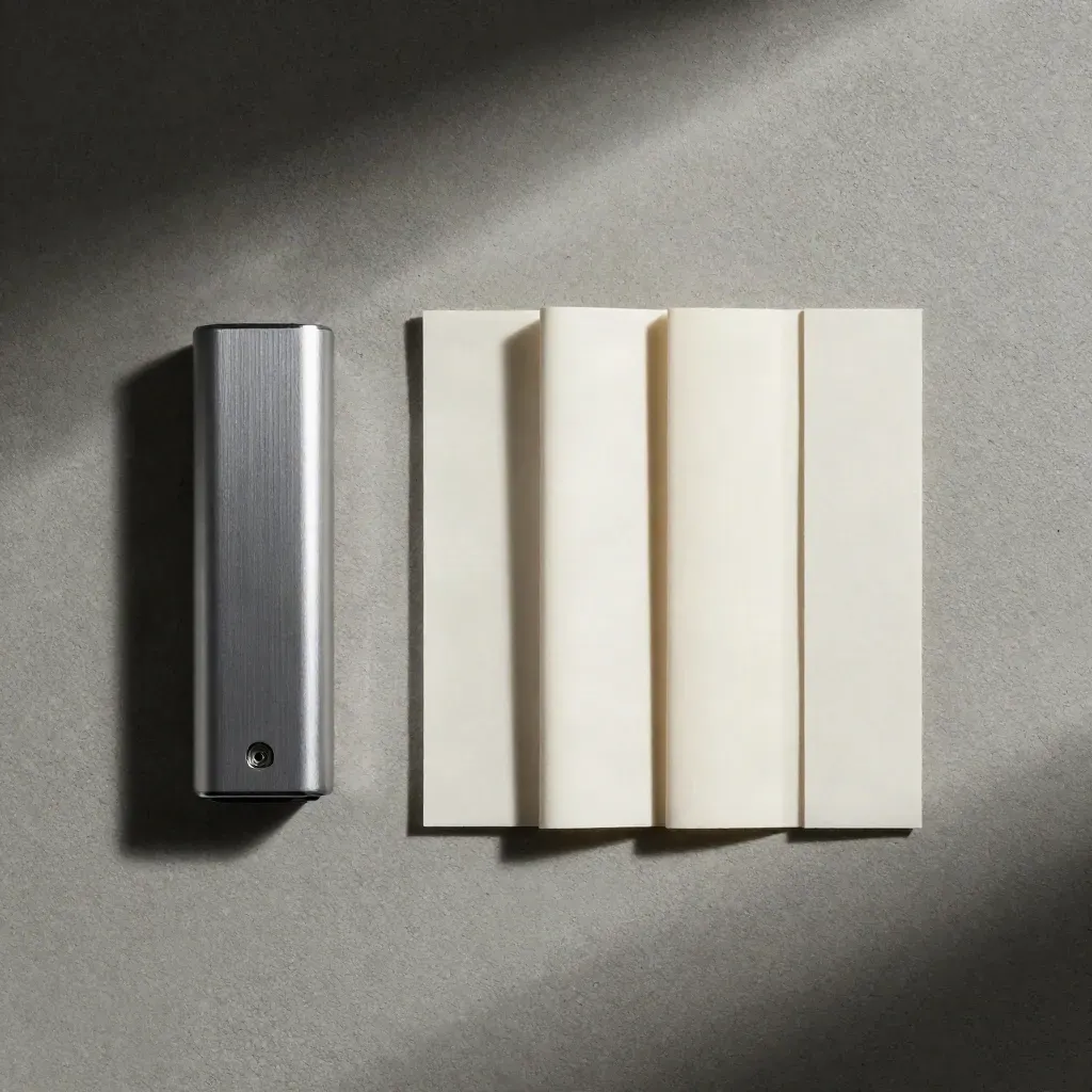 Top-down flatlay of a phone tile, signal puck, and folded paper strips on concrete