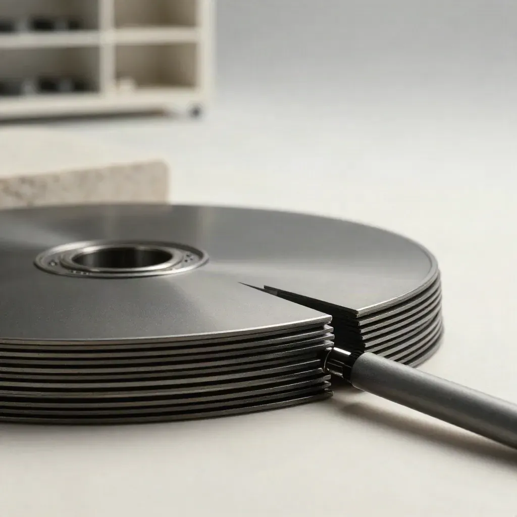 Graphite rule-module with layered discs and connector bar in cool hazy light.