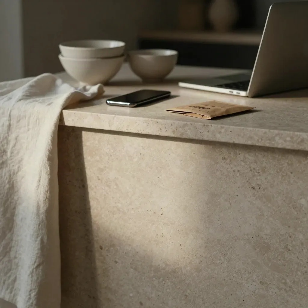 Travertine tabletop with ecommerce tools, phone glow, and linen curtain in warm morning light.