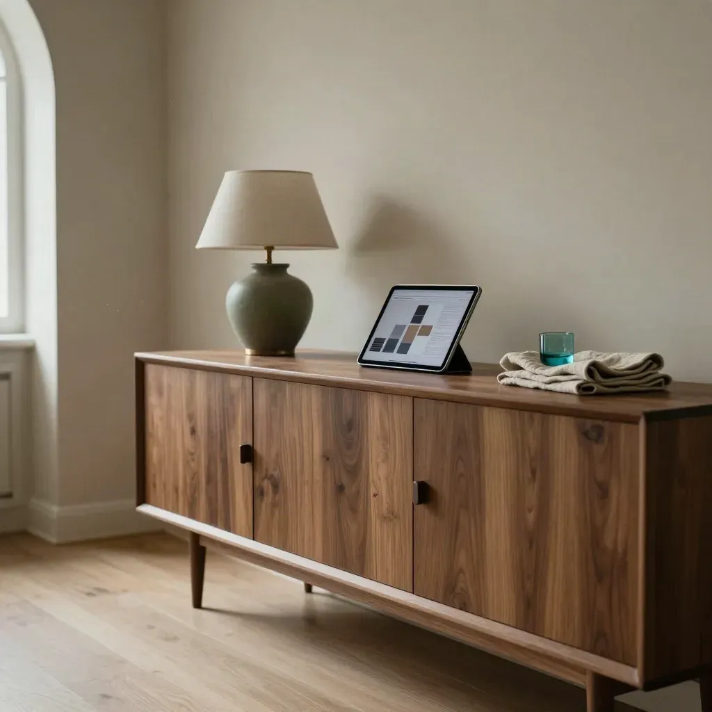 Walnut sideboard with lamp and glowing tablet in a quiet modern interior