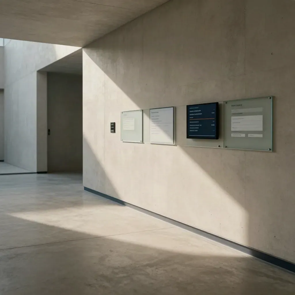 Sunlit concrete ecommerce corridor with luminous doorway and calm copy space