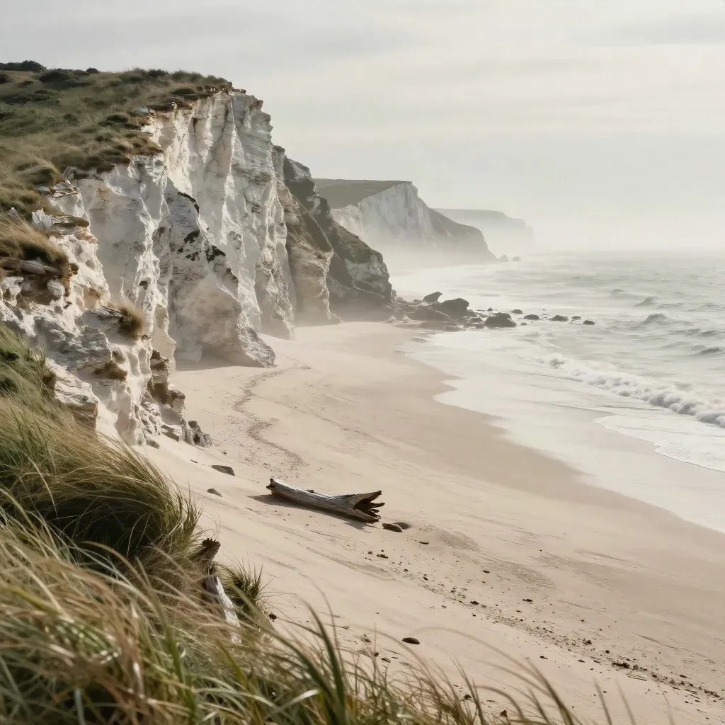 Cliff path with bent grasses and soft surf, upper frame with calm misty space below.