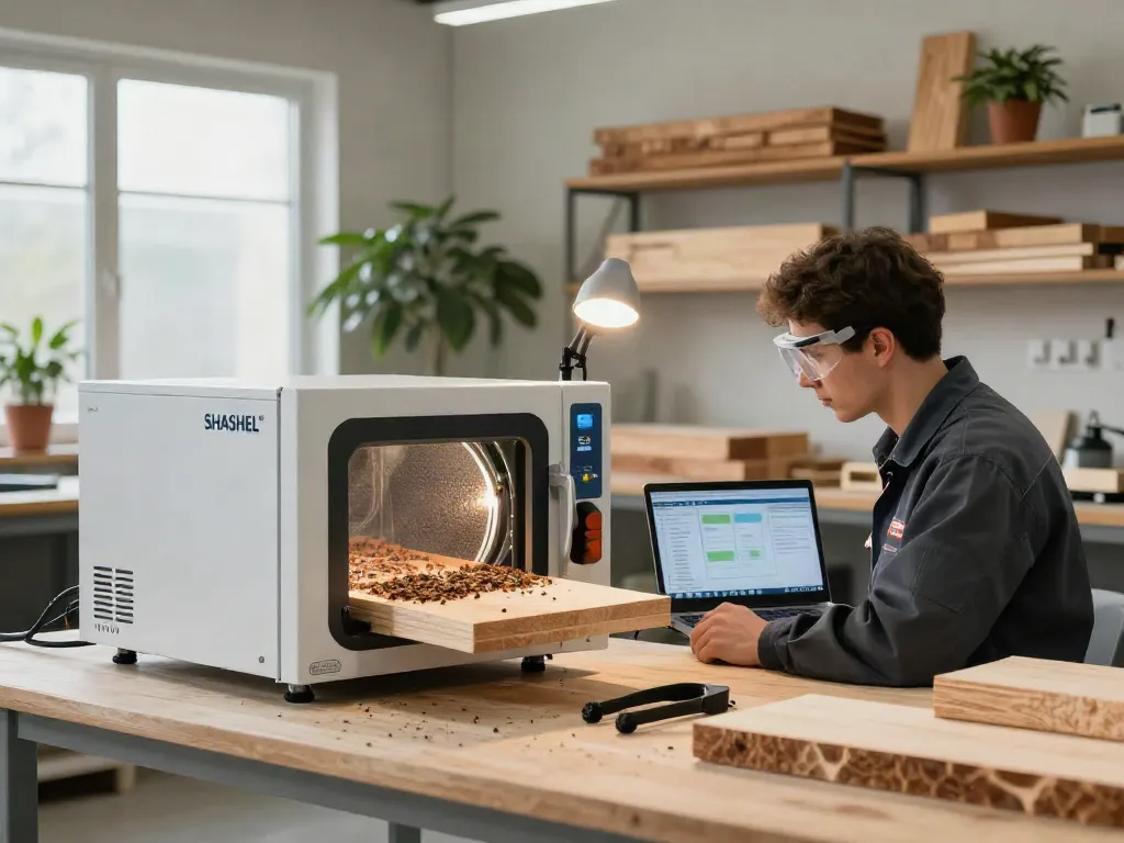 SHASHEL® technician operating microwave equipment for woodworm treatment in modern workshop.