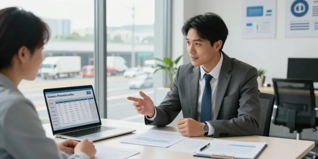 Truck finance consultation with broker discussing flexible loan options in Brisbane office