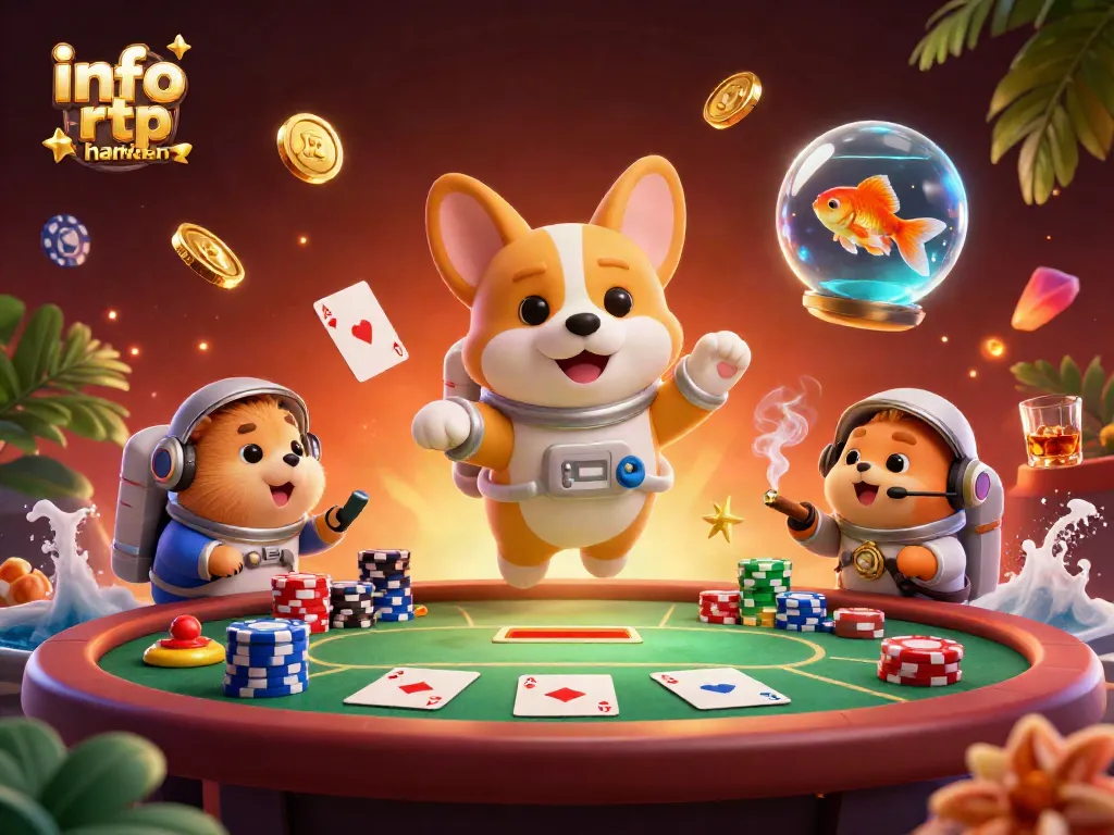 Experience info rtp harian in a vibrant casino scene with playful characters and dynamic actions.