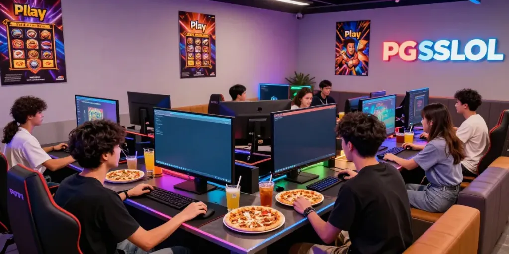 Friends enjoying PG SLOT games in a vibrant gaming lounge with modern consoles.