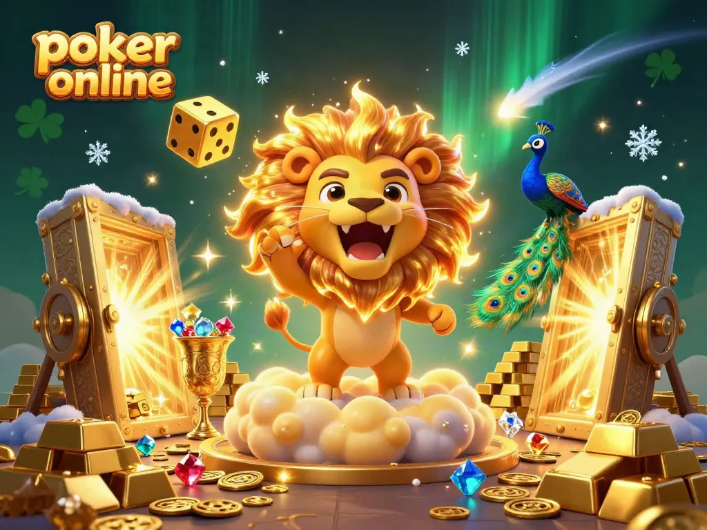 Experience the excitement of poker online with a lion, golden dice, and sparkling treasures