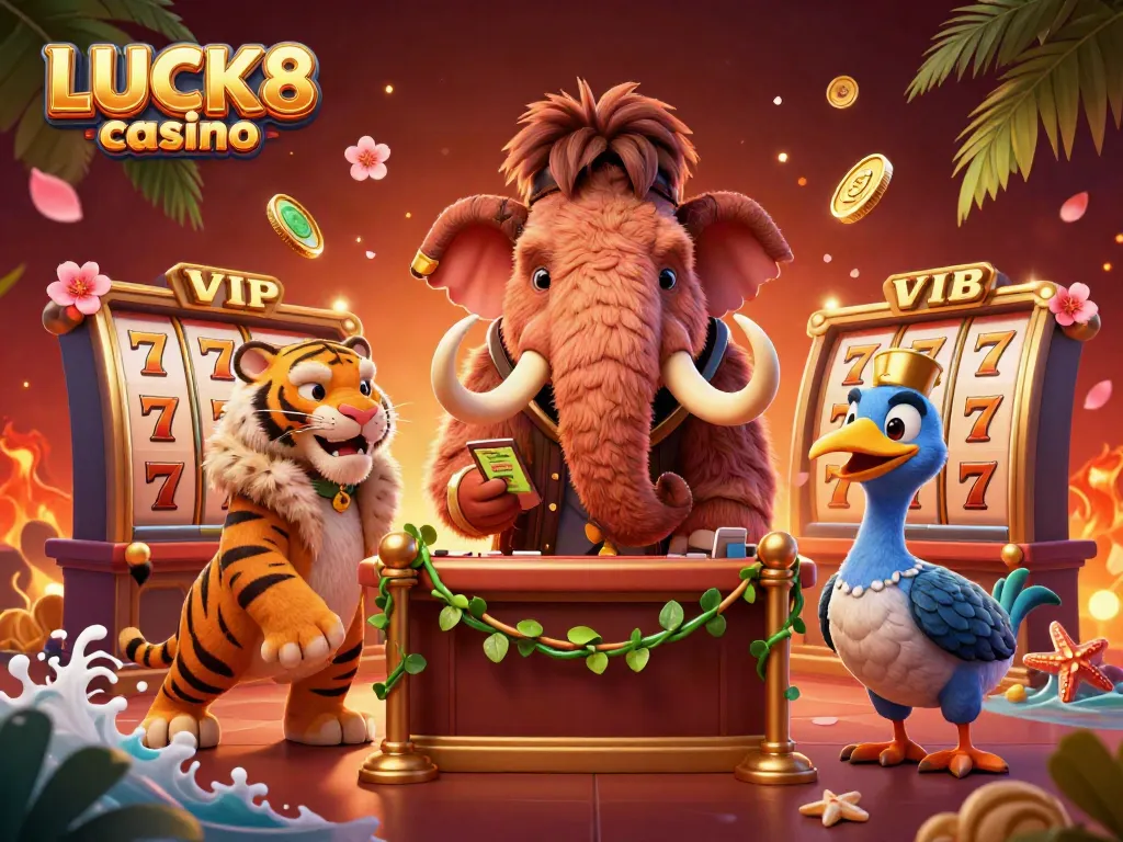 Experience the vibrant LUCK8 casino scene with a woolly mammoth bouncer and saber-tooth tiger guest.