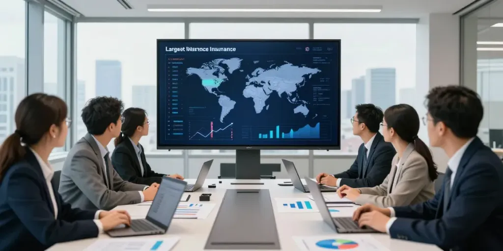 Team discussing the largest insurance companies in the world with analytical data.