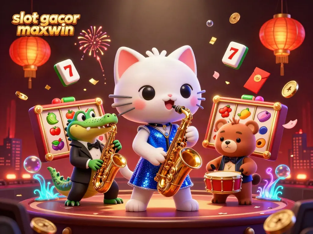 Engage in the world of slot gacor maxwin with a vibrant 3D casino scene showcasing colorful characters and game elements.
