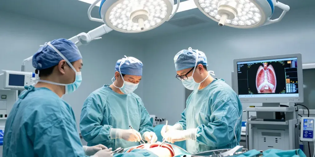 Chest surgery in Abu Dhabi showcasing surgeons performing innovative minimally invasive techniques in a modern surgical room.