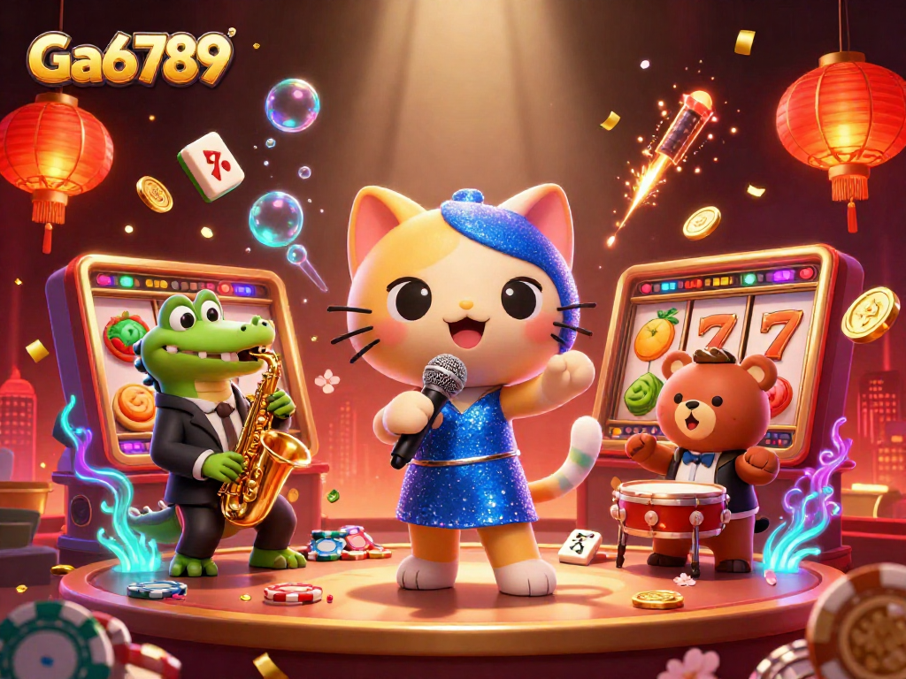 Engage with Ga6789's vibrant casino world, featuring lively characters amidst dynamic slot elements.