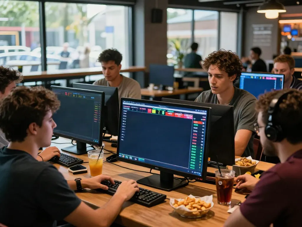 WWBOLA bettors excitedly analyzing live match odds and stats at a modern sports bar.