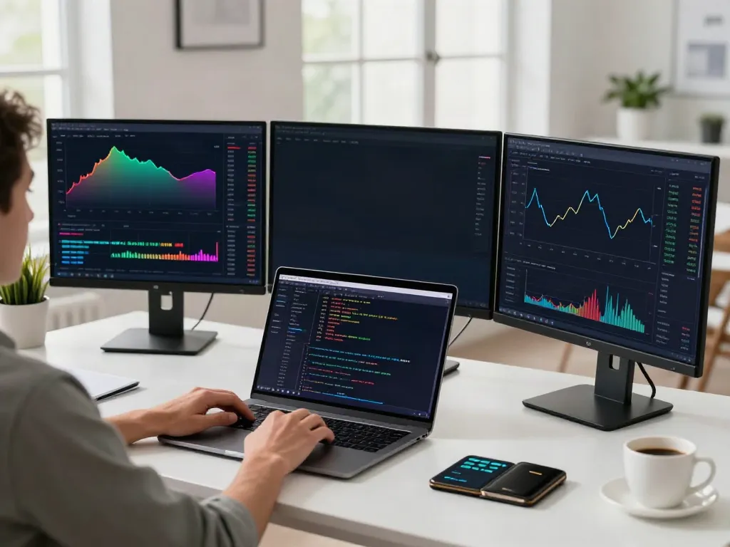 Real-time forex quote API analysis in a professional crypto trading workspace with multiple screens and technical indicators.
