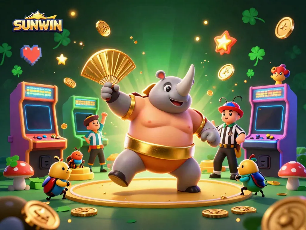 SUNWIN game scene showcasing a rhinoceros beetle champion amidst flying coins, arcade machines, and vibrant casino elements.