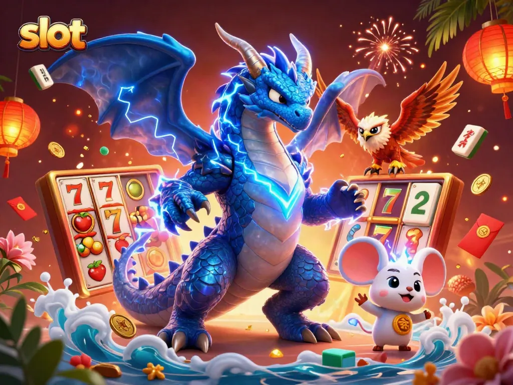 Spin the slot reels with vivid characters and festive elements in this casino-themed illustration.