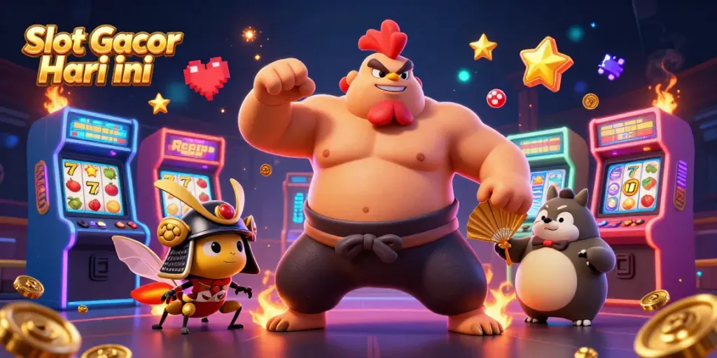 Engage in exciting gameplay with Slot Gacor Hari ini featuring vivid 3D characters, slot reels, and casino elements.