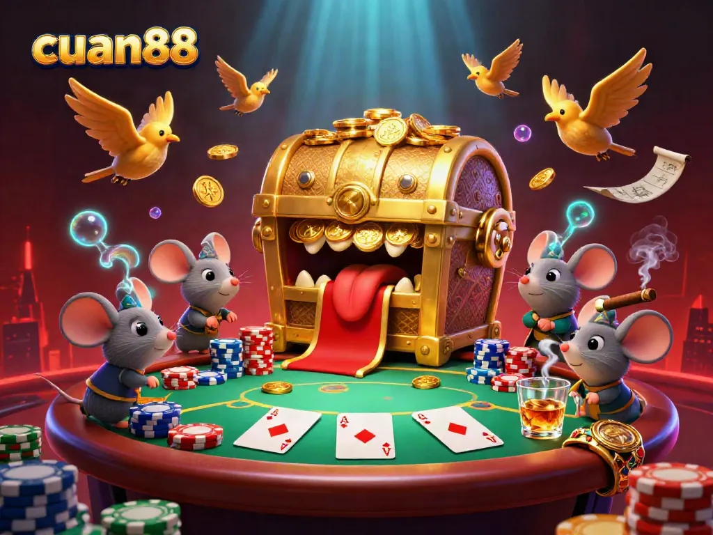 Experience the thrill of cuan88 with a colorful treasure chest and poker scene illustration.
