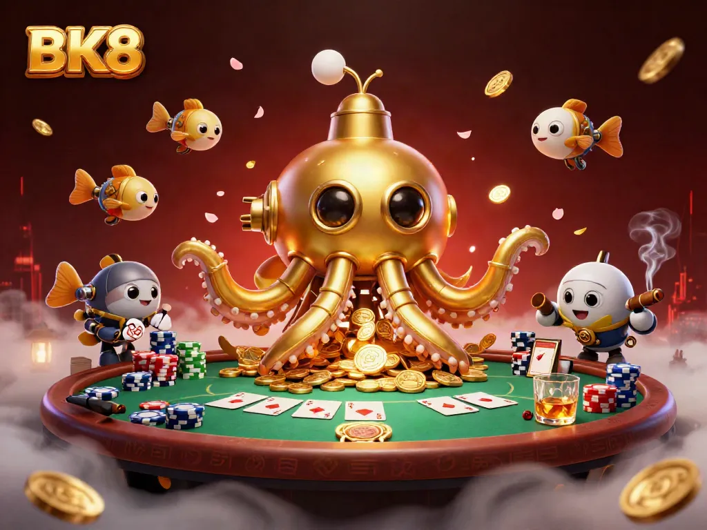 Engage with BK8's thrilling gaming experience featuring an adventurous kraken submarine and poker scene.