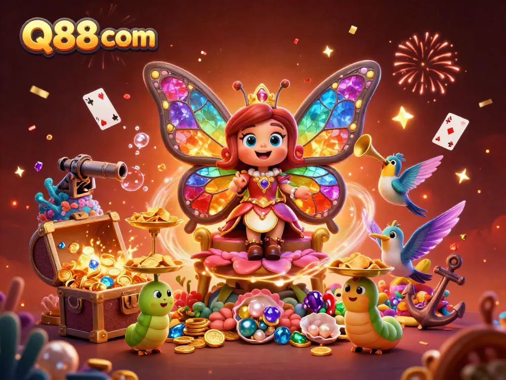 Join the fun at Q88 com with an enchanting butterfly queen amidst vibrant casino treasures and lively gaming elements.