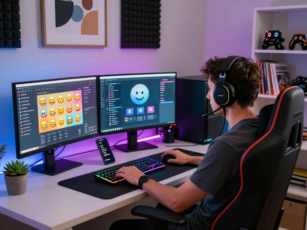 Engaging nsfw chat scene with vibrant interfaces and tech setup in a modern workspace