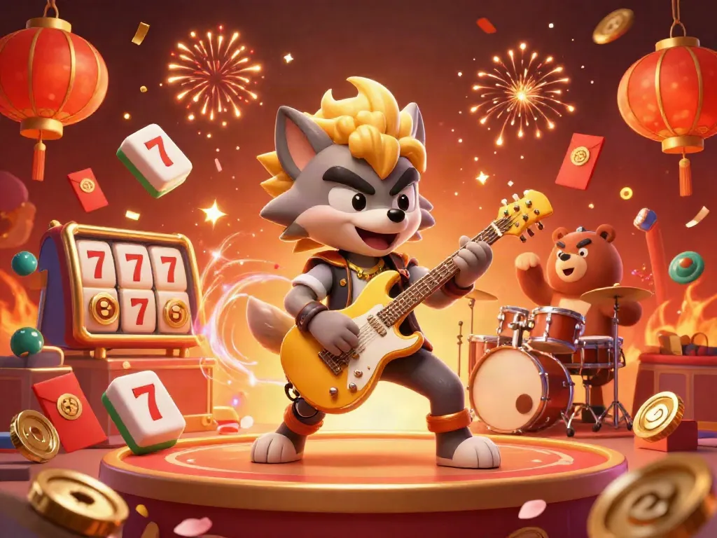 Bujangtoto features an energetic casino scene with a rock star wolf, drummer bear, and vibrant gambling elements.