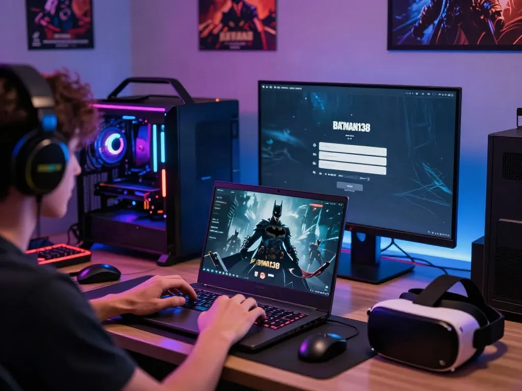 Engaging player using batman138 login slot on a gaming laptop surrounded by accessories.