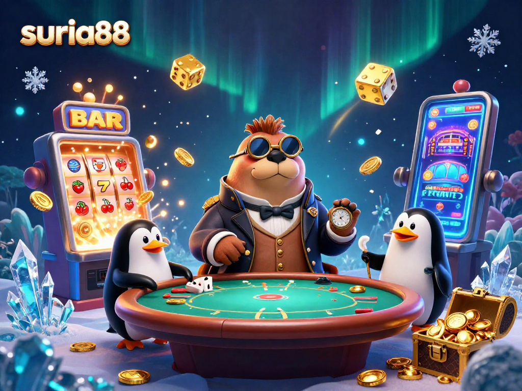 Experience the vibrant world of suria88 with a jolly walrus at an underwater poker table amidst casino excitement.