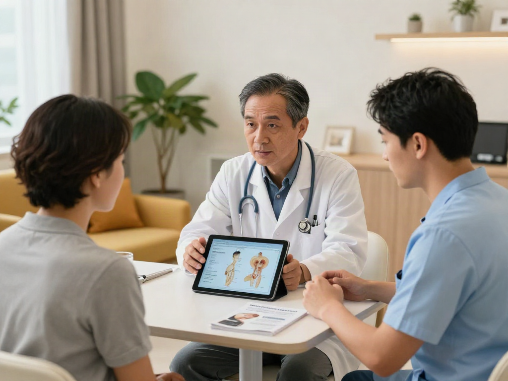 Patient discussing hair transplant Turkey cost with a doctor in a modern clinic setting, highlighting professional consultation.