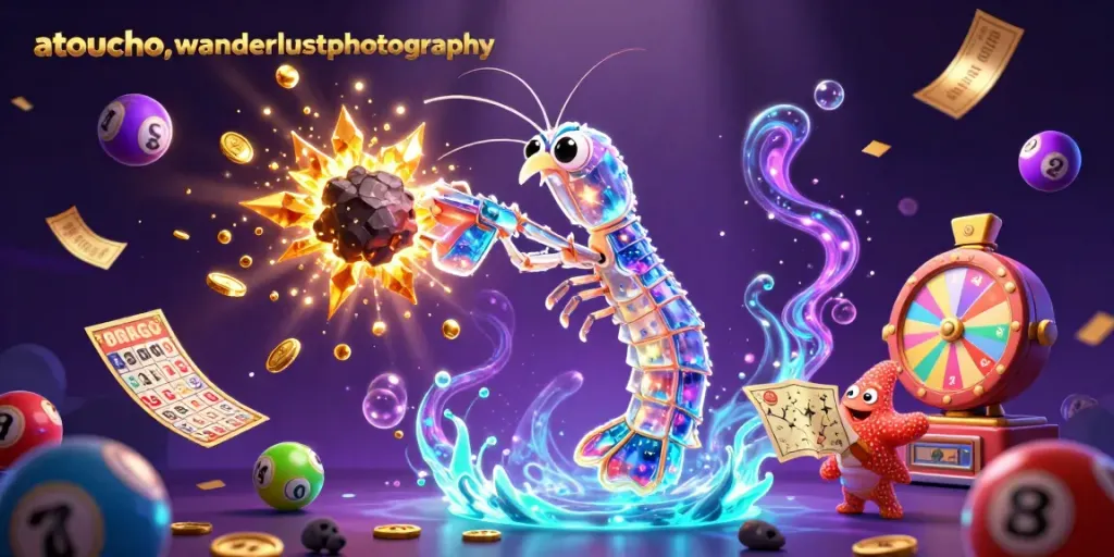 A touch of wanderlustphotography showcases a galactic samurai shrimp amidst golden gems, lottery elements, and vibrant casino icons.