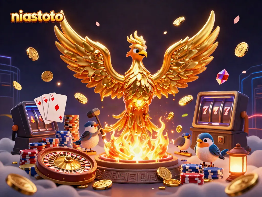 Experience the thrill of niastoto with a golden phoenix emerging from molten metal, symbolizing online gaming victory.