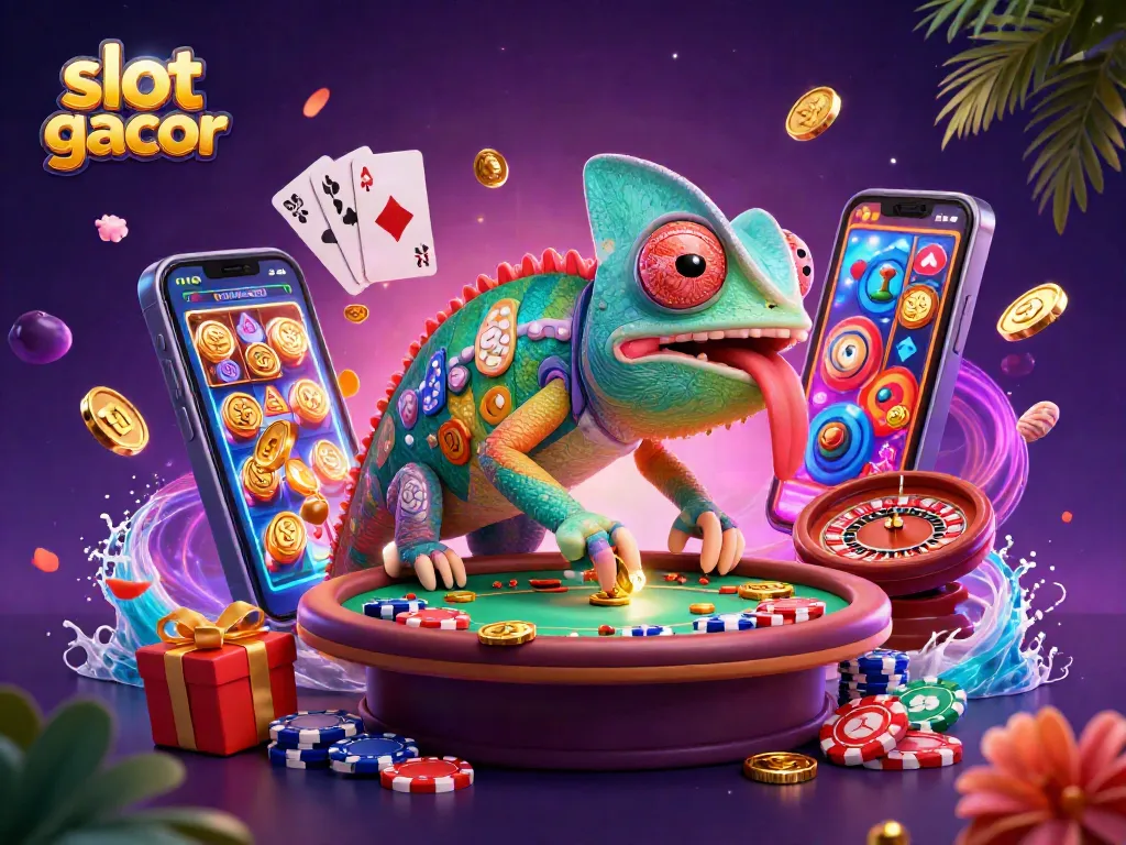 Experience the thrill of slot gacor with vibrant casino elements and a colorful chameleon owner in action.