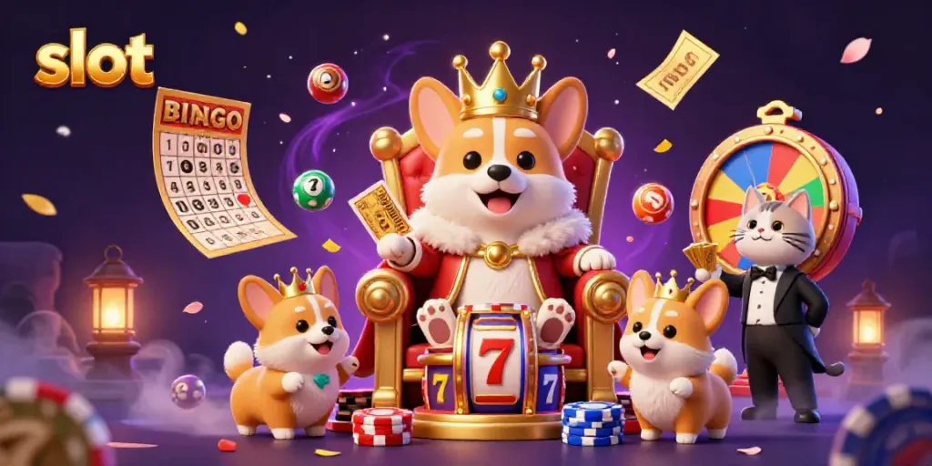 Slot yang menghibur dengan corgi kerajaan dan elemen mesin slot, memastikan pengalaman bermain yang menyenangkan.