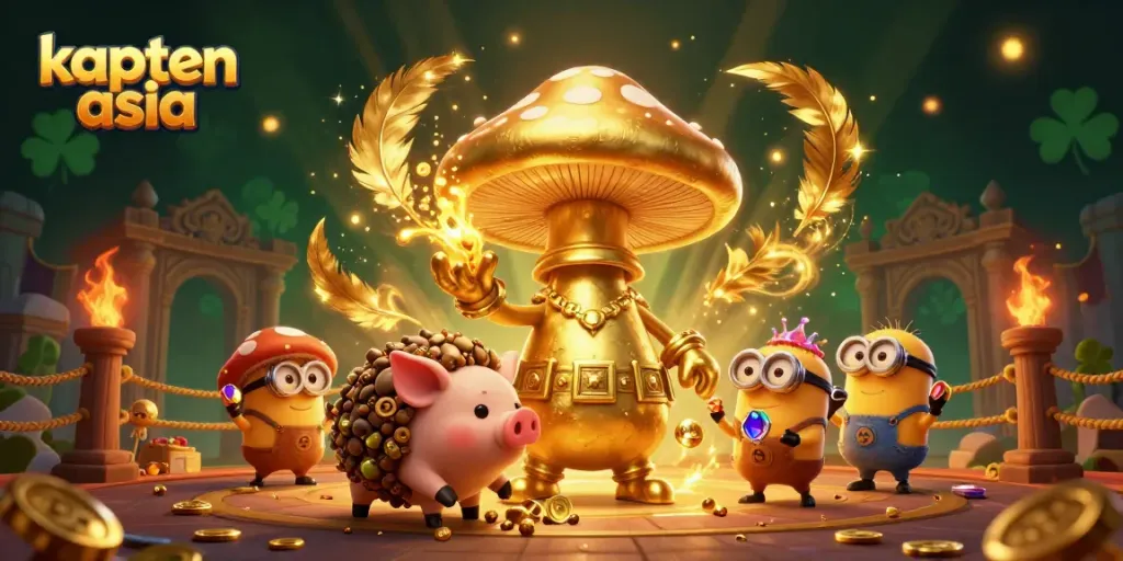 Permainan slot menguntungkan dengan kapten asia yang menyebar koin emas dan efek sihir dalam ilustrasi fantastis.
