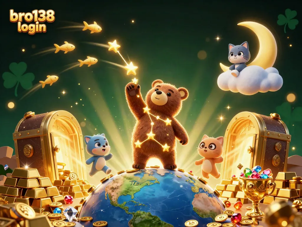 Experience the excitement of bro138 login with a colorful animated casino scene filled with treasures.