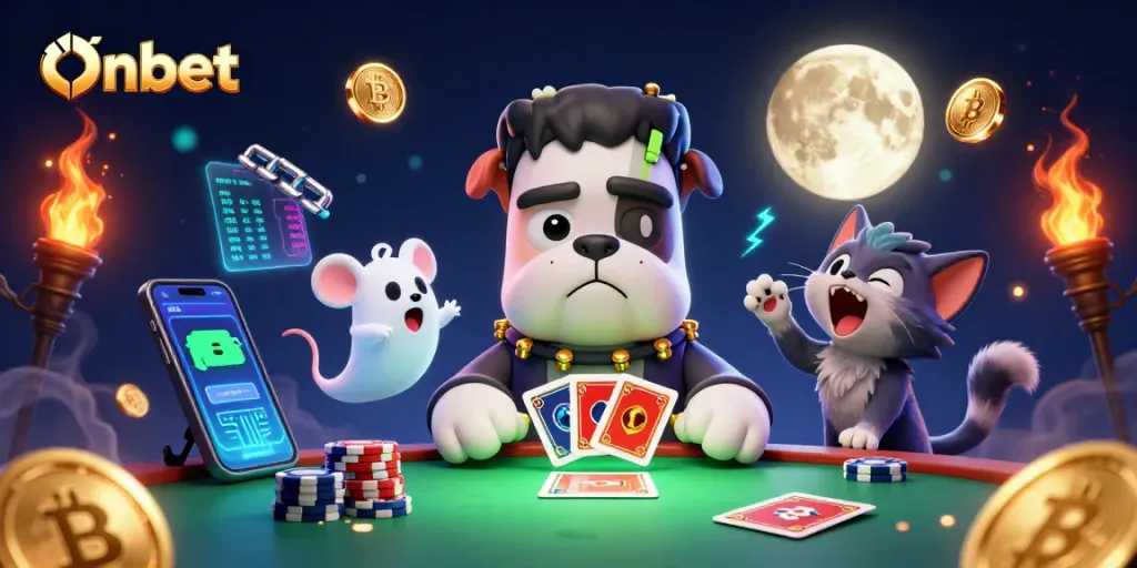 Join the Onbet experience with a thrilling card game led by a phantasmal bulldog dealer.