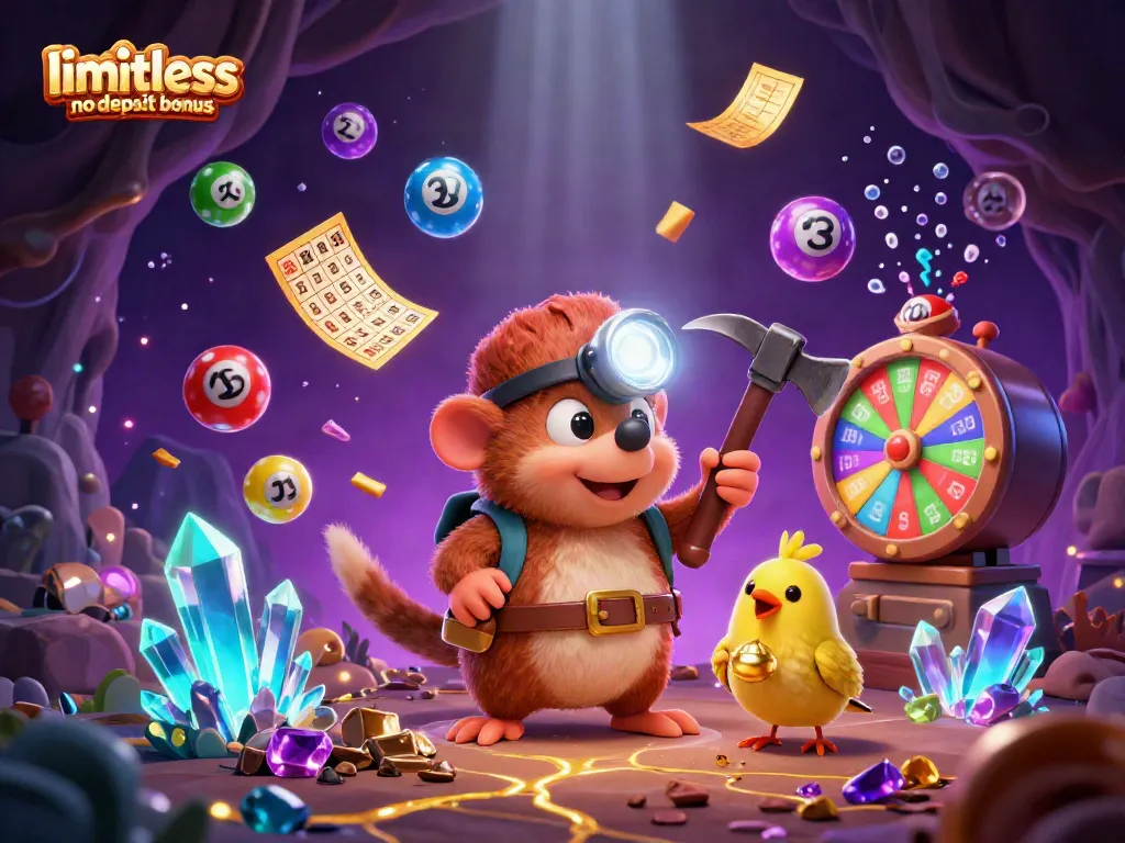 Discover the limitless no deposit bonus opportunities in a vibrant casino illustration featuring a treasure hunter and lively game elements.