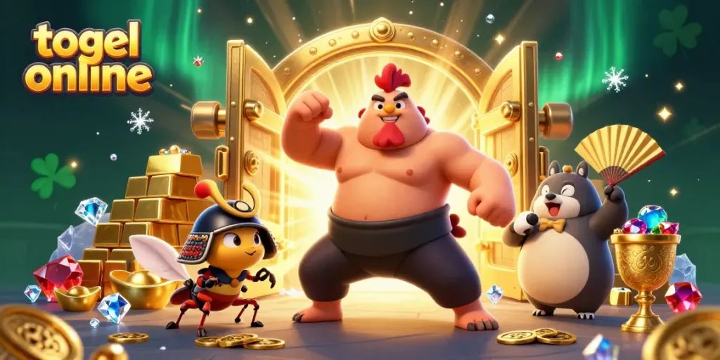 Engaging scene showcasing a powerful 3D cartoon sumo wrestler, a fierce cricket, and a tanuki announcer promoting togel online excitement amid golden treasures.