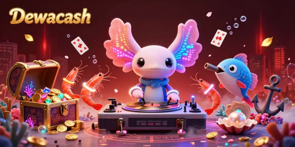 Dewacash showcases an energetic underwater scene with a neon axolotl DJ, lively shrimp dancers, and vibrant casino elements.