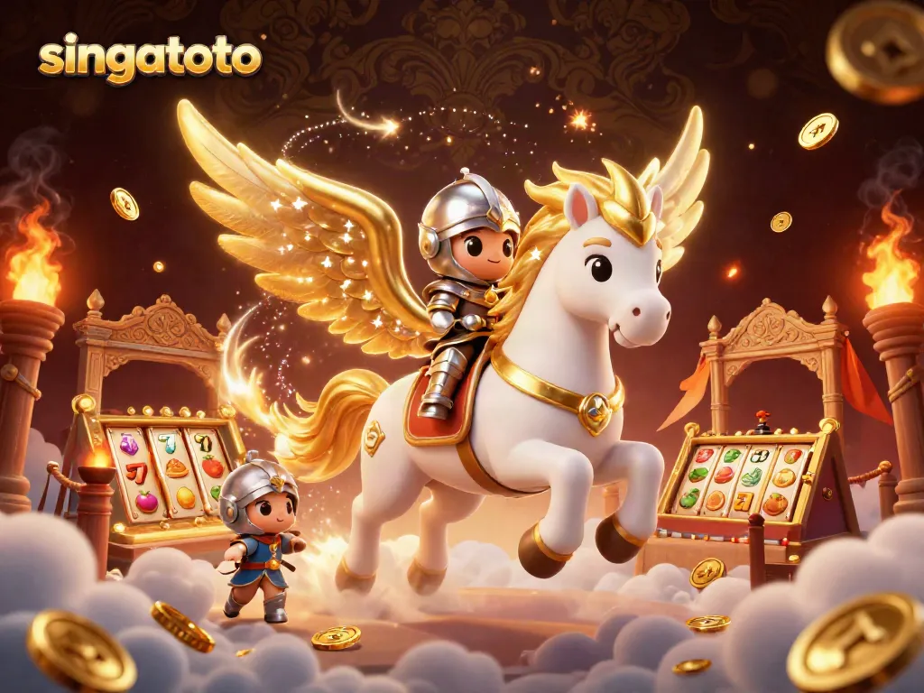 Engage in the thrilling world of singatoto with a vivid scene of a knight on a celestial horse amidst slot machine symbols and vibrant casino elements.